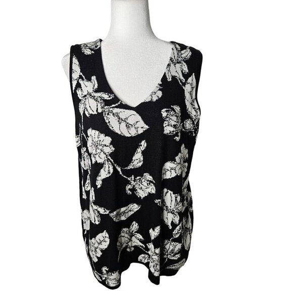 Chico's Size Large Black & White Floral V-Neck Career Tank Sleeveless Top - Picture 1 of 6